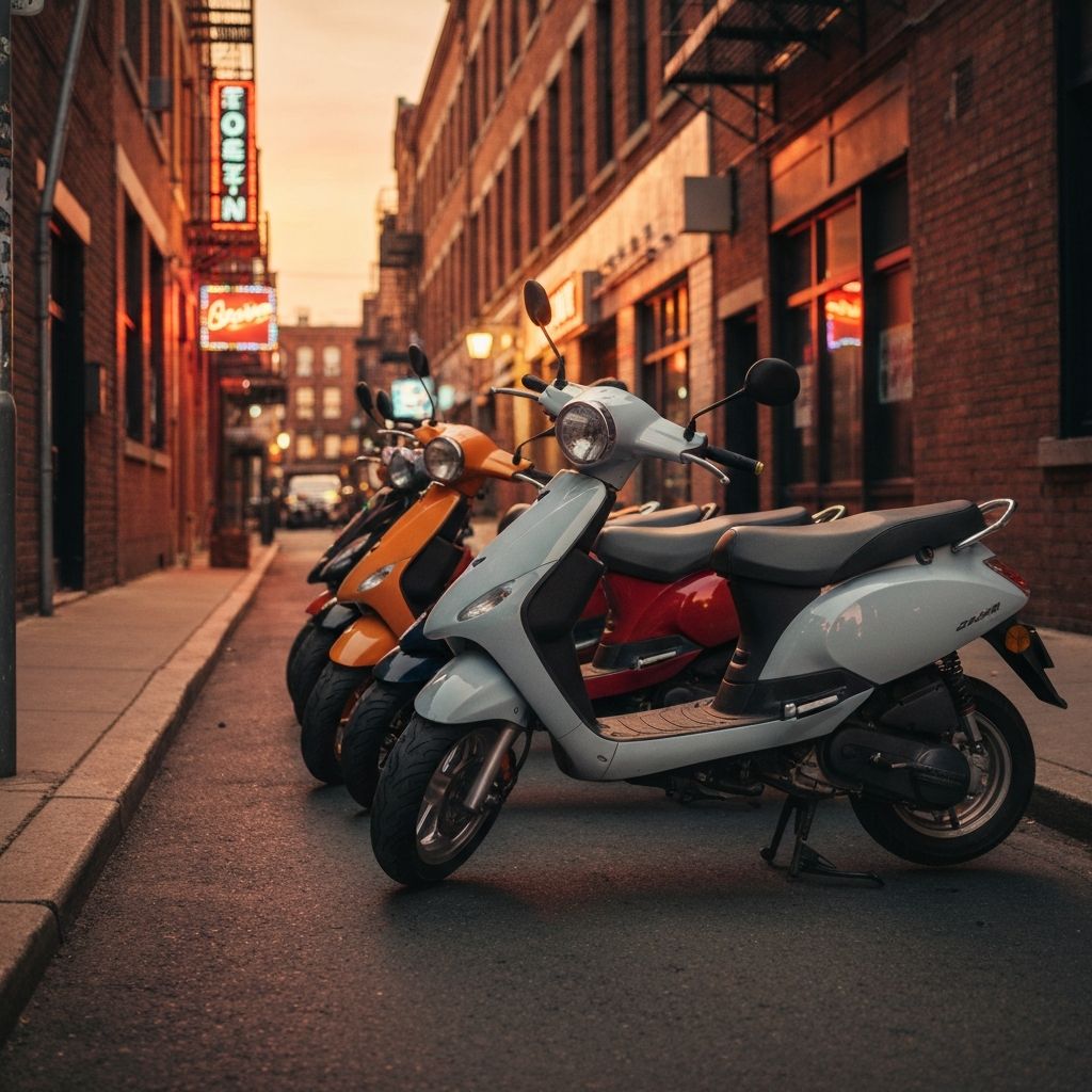 Group of scooters lined up at dusk