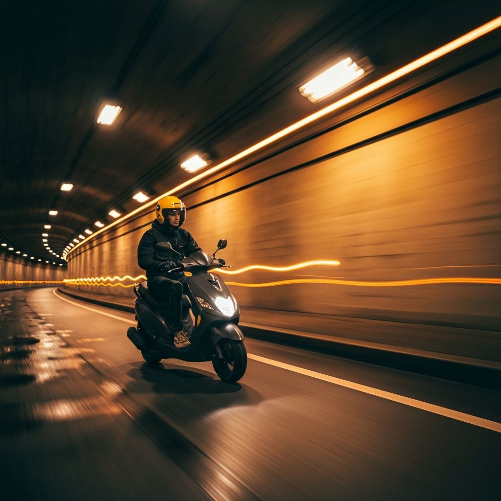 Scooter rider in a city tunnel